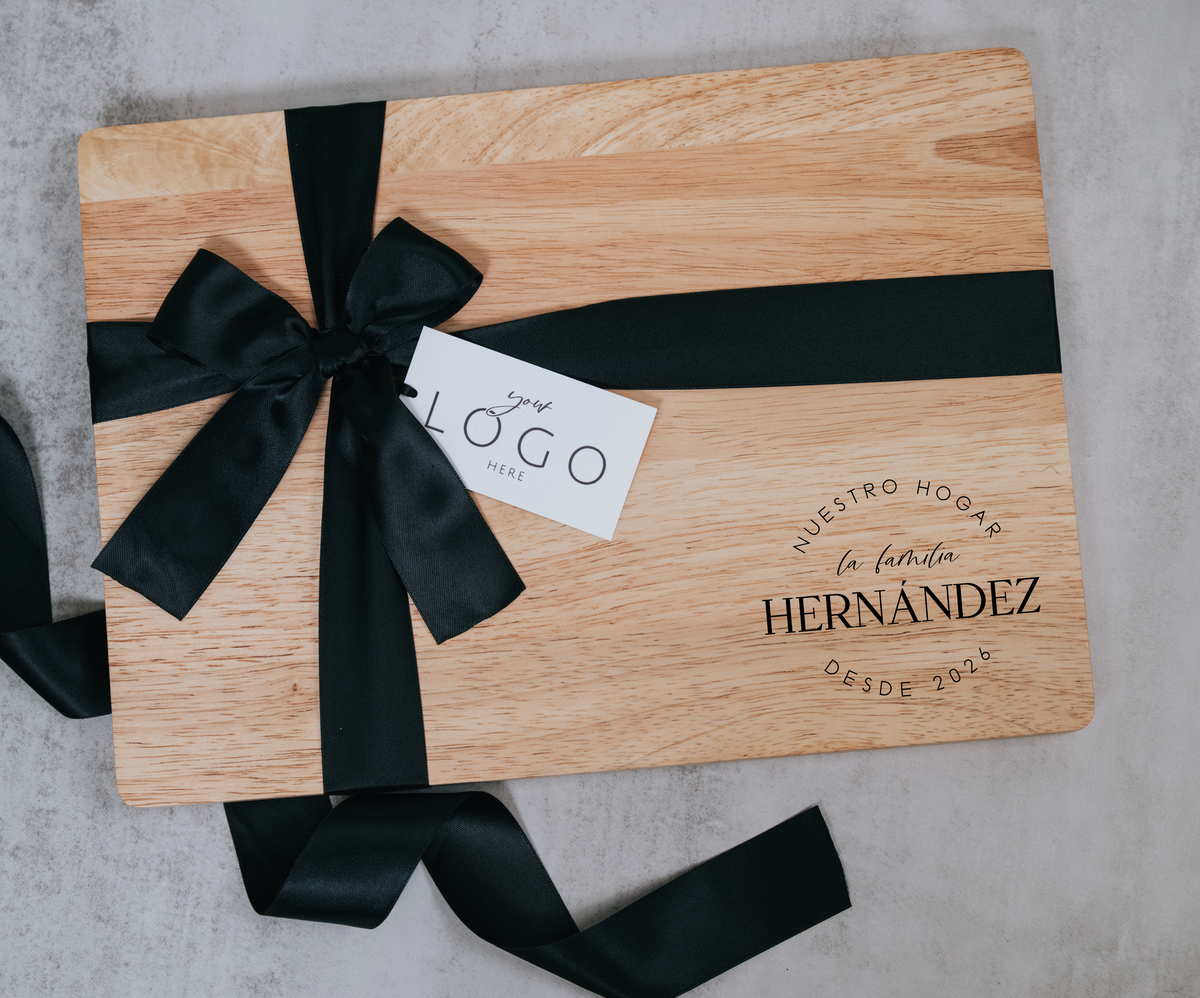 Personalized Latino family serving board for new home closing gift