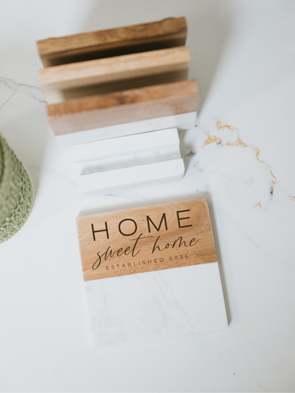 Acacia Wood & Marble Coaster Set with Stand | Luxury Realtor Closing Gift