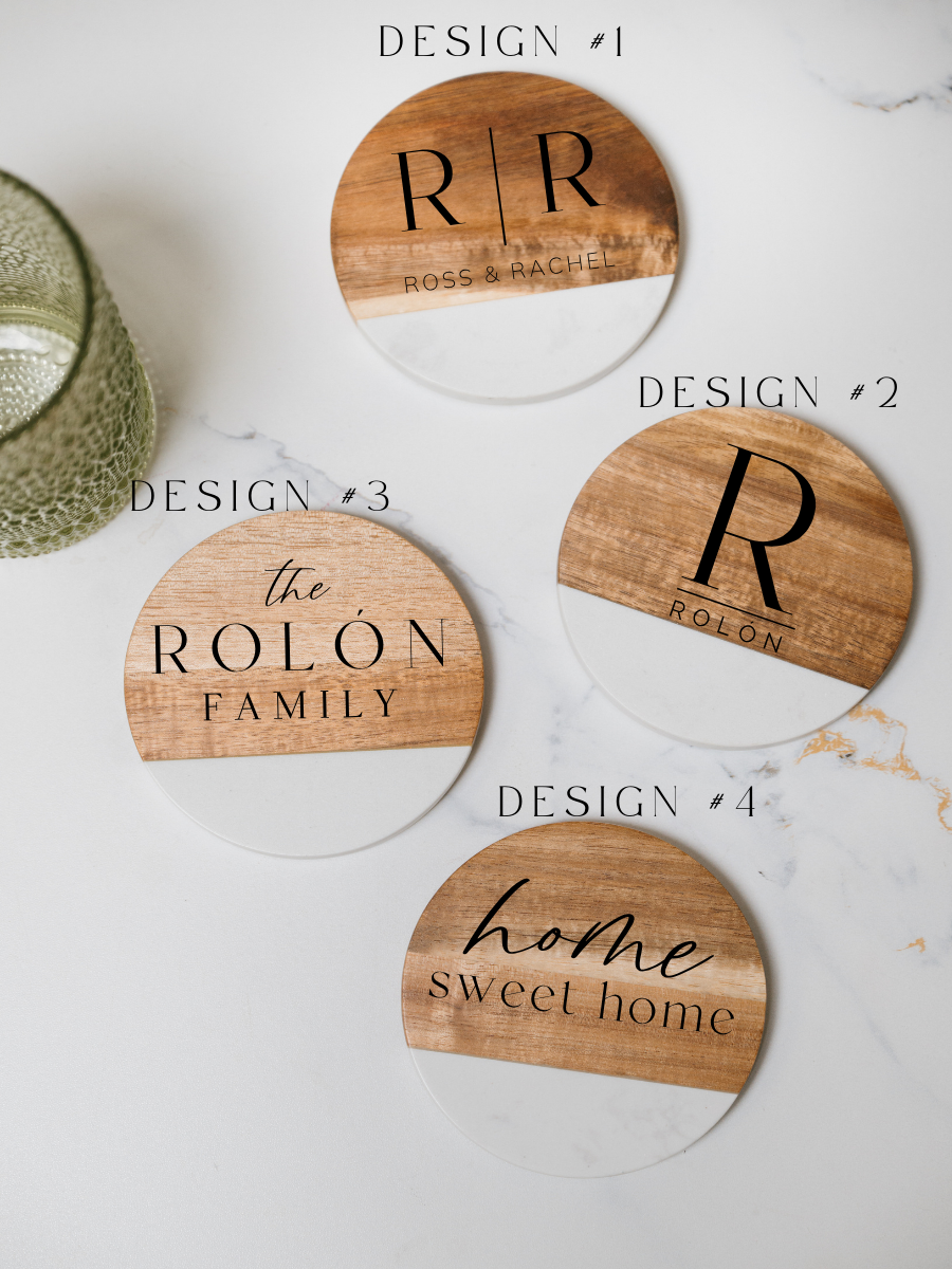Personalized Marble & Acacia Coaster Set | Custom Monogram Gift