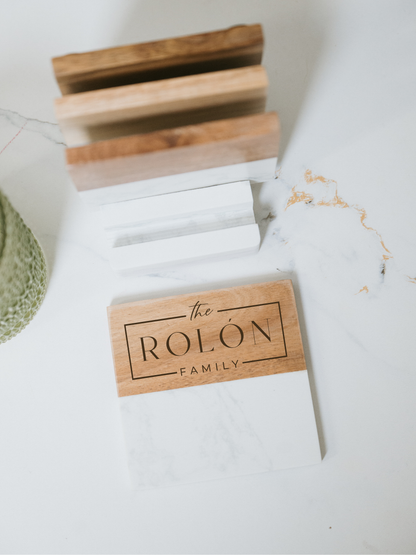 Acacia Wood & Marble Coaster Set with Stand | Luxury Realtor Closing Gift