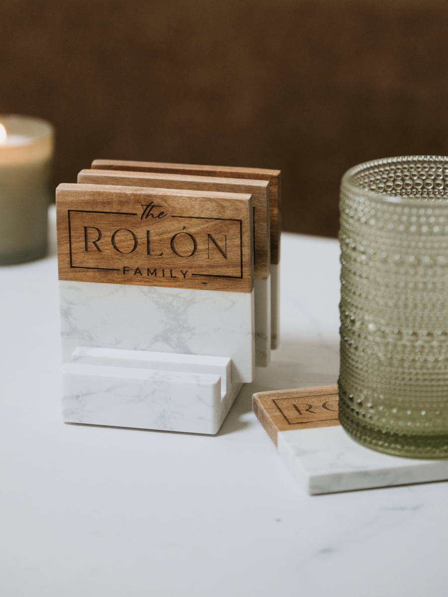 Acacia Wood & Marble Coaster Set with Stand | Luxury Realtor Closing Gift