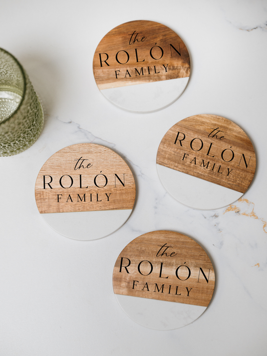 Personalized Marble & Acacia Coaster Set | Custom Monogram Gift